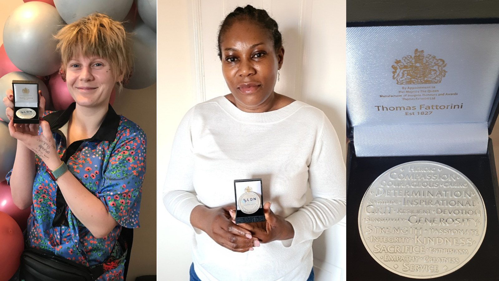 A collage of women holding medals and a close up of the medal