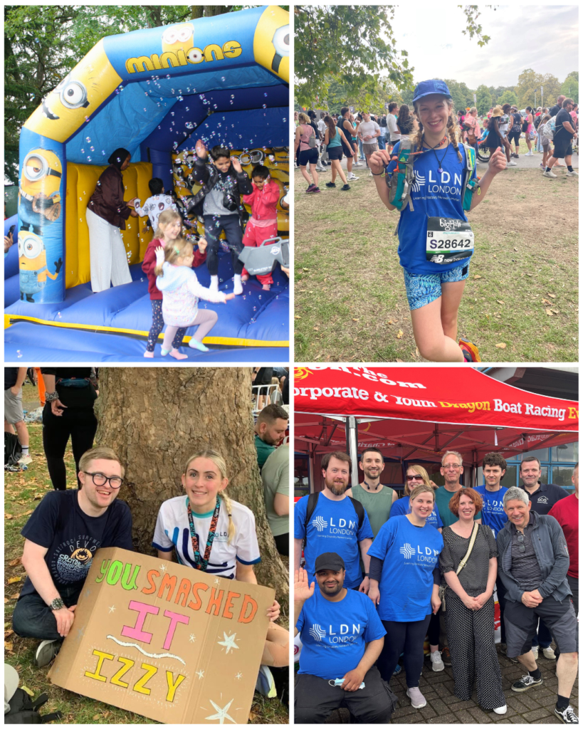 A collage of 4 images showing fundraising events, a bouncy castle, a person with a medal after a run, 2 people by a tree with sign cheering a runner on and a group of people in LDN T-shirts together after our dragon boat race.