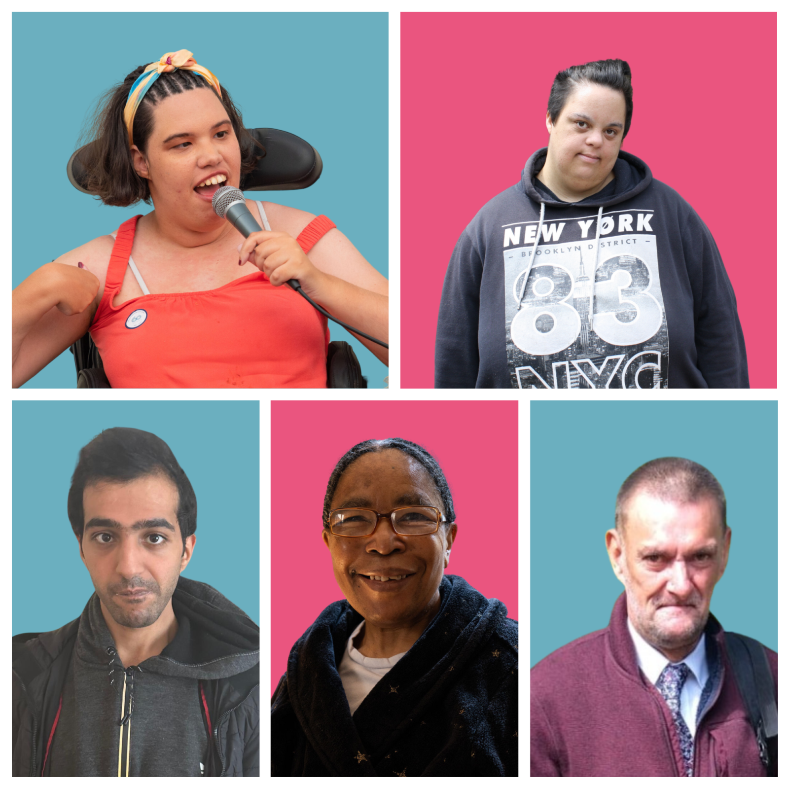 Collage of five portrait photos of our Quality checkers against coloured backgrounds