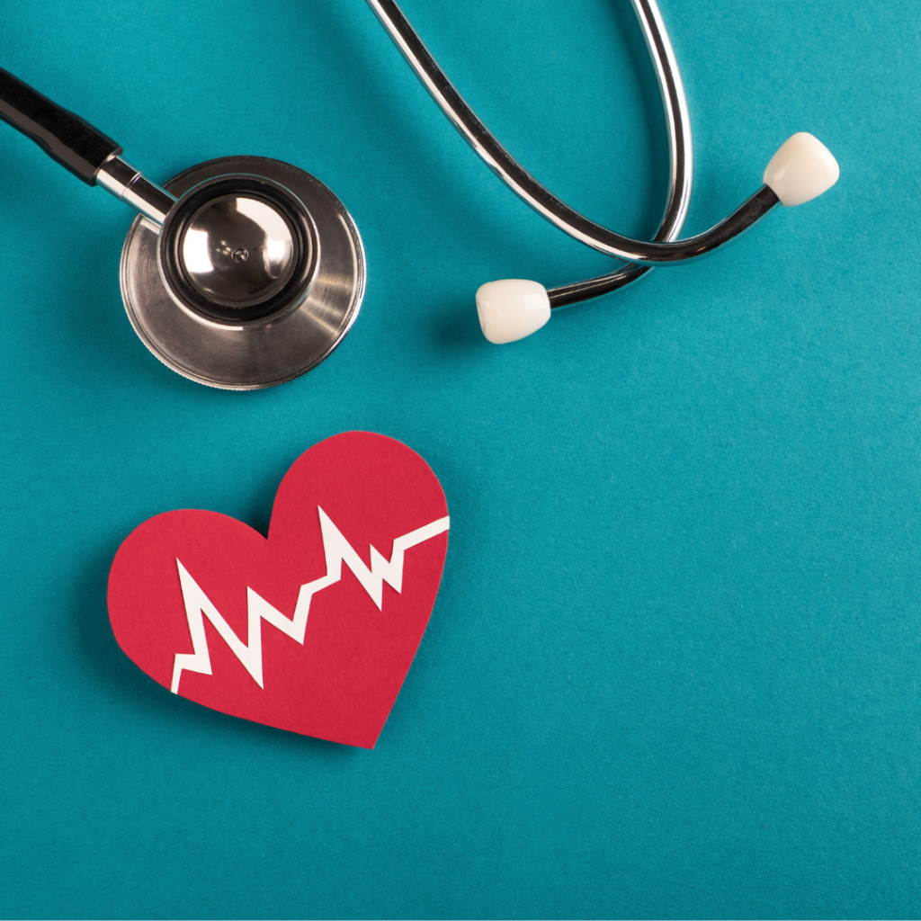 A picture of health related images on a teal background. There is a heart, and a stethoscope.